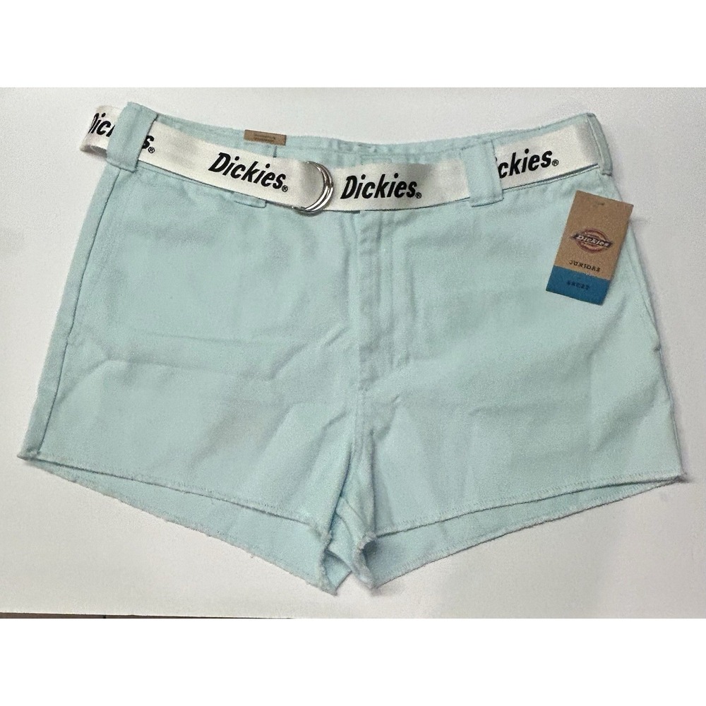 Dickies Juniors High Rise Frayed Work Shorts Light Blue Size 13/31 With Belt New